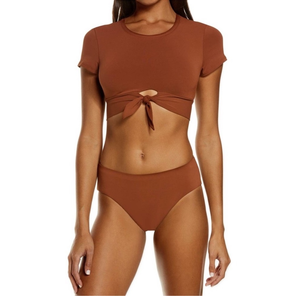 Robin Piccone Brown Tie-Front Short Sleeve Bikini Set